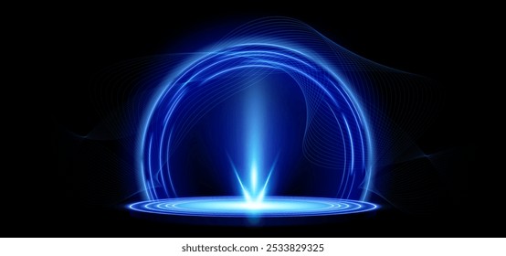 Futuristic 3D illustration with glowing blue tech portal emitting holographic light. Podium with vibrant lighting effect for sci-fi or technology design. Abstract fantasy cyberpunk teleport platform.