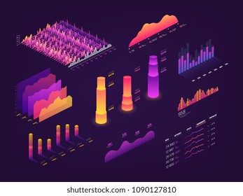 Futuristic 3d isometric data graphic, business charts, statistics diagram and infographic vector elements. Chart and graphics, growth progress pyramidal illustration