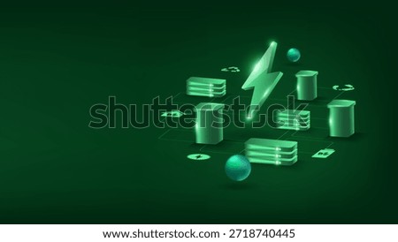 Futuristic 3D isometric illustration of a green energy data center with server racks and a glowing lightning bolt symbol. Perfect for sustainable technology and eco-friendly business.