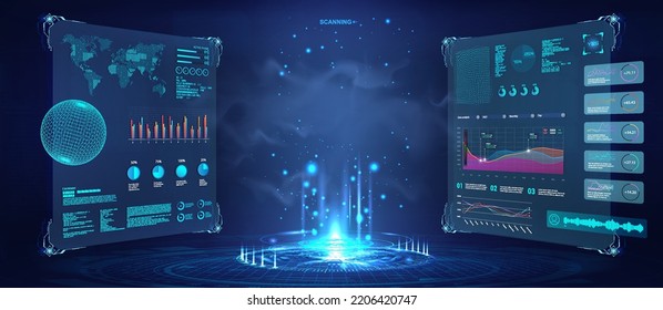 Futuristic 3D lab with hologram with HUD interface in perspective view. Realistic light aura and glowing hologram. Template 3D lab with stage, magic portal, teleport, hologram for presentation. Vector