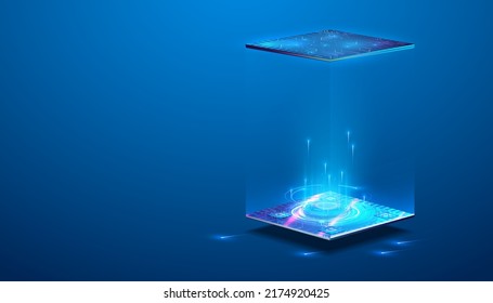 Futuristic 3d lab, podium hologram, empty space for your product or game. A game capsule, a magical aura for teleportation. Technology portal. Vector illustration