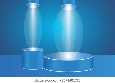Futuristic 3D Metallic Blue Podium with Bright Blue Spotlights, Perfect for Technology Concept, Product Display, Mockup, Showroom Showcase, and Modern Design Scene
