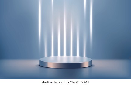 Futuristic 3D Metallic Podium. Background or banner with round stage or scene with gradient glitter and bright blue spotlights. Design for product presentation. Realistic 3D render vector illustration