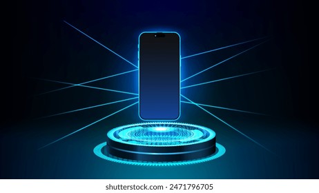 Futuristisches 3D Neon Light Podium Mockup für Smartphone Display. Laserbetriebenes Podest mit Cyberpunk Sci-Fi Stage Hintergrund. Vektorgrafik.