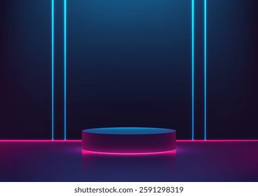 futuristic 3d neon light podium featuring glowing blue and pink edges, set in a dark space with vertical neon lines, perfect for modern tech presentations and product showcases