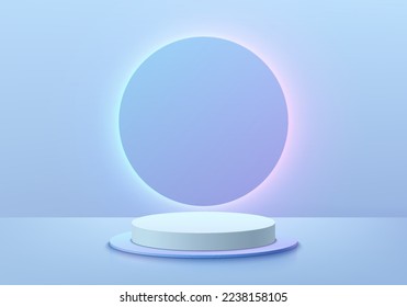 futuristic 3D pink blue background with realistic cylinder pedestal podium, Circles ring glowing neon light. Abstract minimal wall scene mockup product display. Vector geometric forms. Stage showcase.