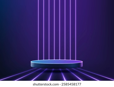 futuristic 3d platform with neon blue edges and vibrant purple lights, showcasing a sleek modern design perfect for technology concepts, sci-fi themes, and digital innovation displays