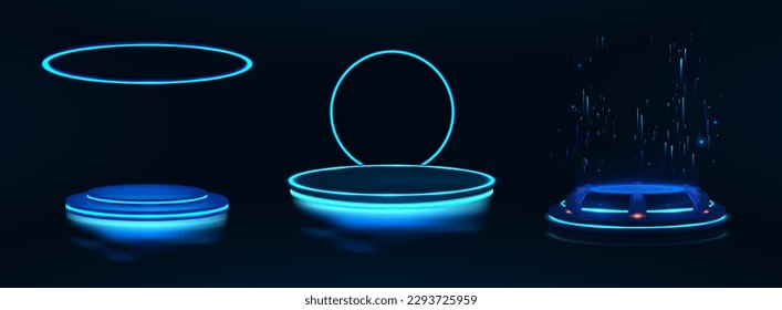 Futuristic 3d podiums with neon, reflection, light in cyberpunk style. Show product in 3D circle stage with ring, round lamp, neon. Futuristic stage, hologram, podium, portal, platform. Vector set