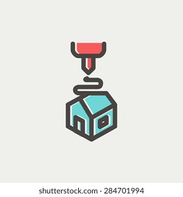 Futuristic 3D printer icon thin line for web and mobile, modern minimalistic flat design. Vector icon with dark grey outline and offset colour on light grey background.