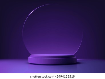 Futuristic 3D Purple Podium with Glass Circle Backdrop, Vibrant Illuminated Display for Modern Technology Concept