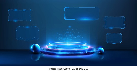 Representación futurista en 3D de una plataforma holográfica brillante con anillos de neón y paneles HUD transparentes sobre un fondo azul marino oscuro, vista frontal, estética de tecnología limpia, amplio espacio de copia para una promoción de tecnología.