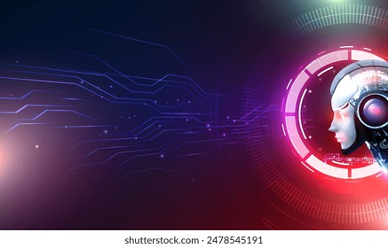 Futuristic 3d robot humanoid face with artificial intelligence and machine learning. Artificial intelligence in humanoid head with neural network thinks. Technology and Innovation Concepts.Tech Vector