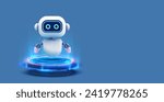 Futuristic 3D Robot on Blue with Holographic Interface. An adorable white robot with glowing blue eyes stands next to a holographic projection, showcasing advanced technology and AI concepts. Vector