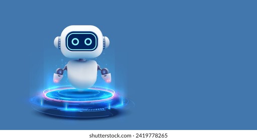 Futuristic 3D Robot on Blue with Holographic Interface. An adorable white robot with glowing blue eyes stands next to a holographic projection, showcasing advanced technology and AI concepts. Vector