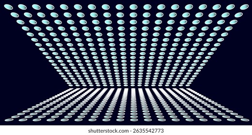 Futuristic 3D room with glowing blue dots on ceiling and floor creating a digital tunnel effect.