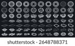 Futuristic 3D Sci-fi elements. Geometric spheres with glitch and liquid effect, wireframe 3d spaces, mechanical drawings, Sci-fi objects, landscape of the area.