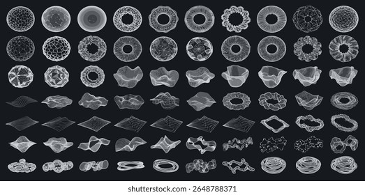 Futuristic 3D Sci-fi elements. Geometric spheres with glitch and liquid effect, wireframe 3d spaces, mechanical drawings, Sci-fi objects, landscape of the area.