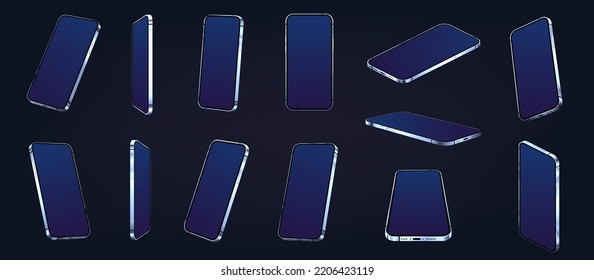 Futuristic 3D smartphone mockups with blank screen. Blue gadgets with highlights in different positions and different angles. Realistic blue mobile phones mockups, isometric, perspective. Vector set