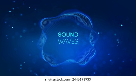 Futuristic 3D sound wave background in blue with ripple light effects. Circular waveform and abstract frequency lines for music, audio, or digital technology design.