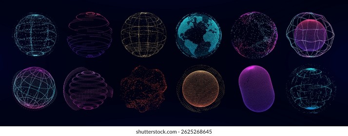 Futuristic 3D spheres in neon colors, from points, polygonal lines, wireframe. Universal Sci-fi Spheres, 3D earth globe, balls, geometric shapes. Science fiction, round futuristic balls. Vector set
