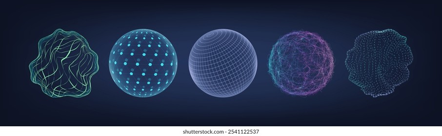 Esferas 3d futuristas, Elementos de círculo de ciencia ficción con fallo, deformación, efecto líquido. Formas geométricas 3D con luz y brillo. Esferas geométricas universales para la ciencia y proyectos futuristas. Vector