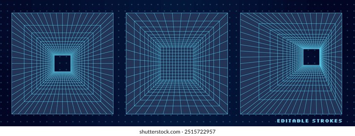 Estruturas 3D futuristas de túneis de grade. Abstrato forma wireframe em estilo cibernético. Padrão de malha digital com elementos de néon. Geometria de design retro Y2K, contém traços editáveis.