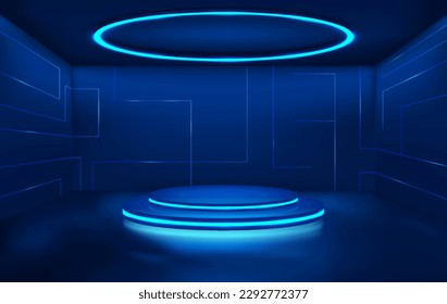 Futuristic 3D studio with an empty podium, a round neon lamp on top, with a neon glow and a glossy surface. 3D realistic cyberpunk style room with round neon podium, stage, platform. Vector mockup