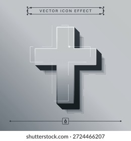 Ícone de cruz cinza tecno 3D futurista com design vetorial moderno no fundo preto