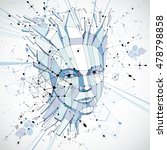 Futuristic 3d vector background made using Bauhaus elements. Head of woman exploding with thoughts created in low poly style, can be used in posters and presentations on subject of human imagination.