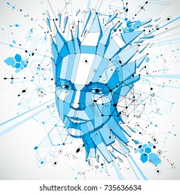 Futuristic 3d vector background made using Bauhaus elements. Head of woman exploding with thoughts created in low poly style, can be used in posters and presentations on subject of human imagination.