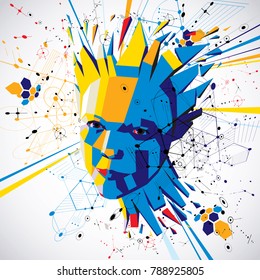 Futuristic 3d vector background made using Bauhaus elements. Head of woman exploding with thoughts created in low poly style, can be used in posters and presentations on subject of human imagination.