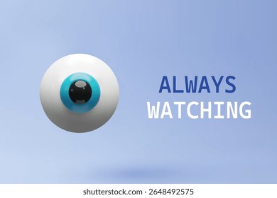 Ilustração vetorial 3D futurista de um globo ocular flutuante com uma íris azul brilhante. Ideal para banners relacionados a privacidade, tecnologia, sistemas de segurança, rastreamento ocular ou monitoramento digital.