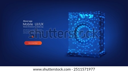 Futuristic 3D vector illustration of a washing machine in a glowing neon wireframe style, representing modern technology and smart home innovations. Washing machine low-poly connection structure.