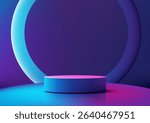 Futuristic 3d vibrant blue cylindrical podium with a glowing pink top, set against a dark purple background and illuminated light blue ring, tech mockups, product displays, and minimalist showcases