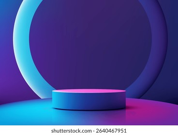 Futuristic 3d vibrant blue cylindrical podium with a glowing pink top, set against a dark purple background and illuminated light blue ring, tech mockups, product displays, and minimalist showcases