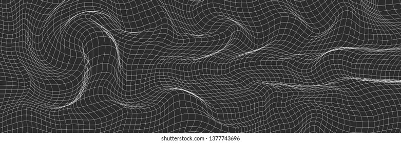 Futuristic 3D wavy grid, abstract future techno background, science and technology black and white banner. Vector illustration