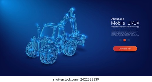 Futuristic 3D Wireframe of Backhoe Loader on Blue Background. Digital wireframe art of a backhoe loader tractor, shining brightly in luminescent blue on a dark background. Isolated vector illustratin