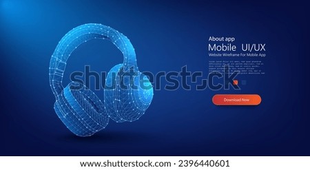 Futuristic 3D Wireframe Headphones Illustration on a Dynamic Blue Background. Wireframe light connection structure. Vector illustration