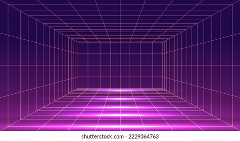Futuristic 3D wireframe room. Perspective grid. Futuristic digital hallway space in virtual reality