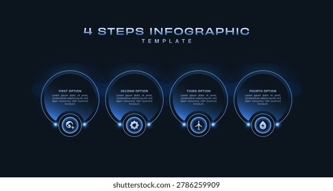 Futuristic 4 step workflow infographic with glowing blue digital elements, modern business process presentation, clean vector technology visualization template design
