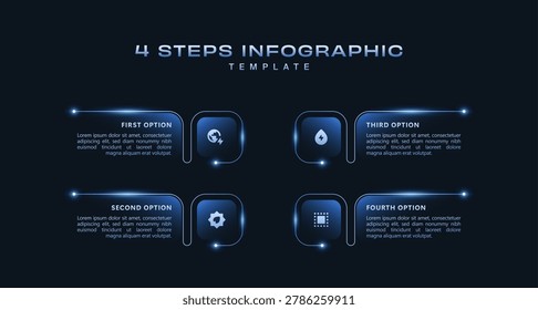 Futuristic 4 step workflow infographic with glowing blue digital elements, modern business process presentation, clean vector technology visualization template design