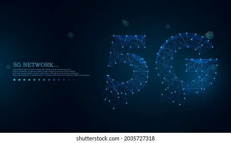 Futuristic 5g wireless internet connection innovative technologies concept with glowing low polygonal 5g an WiFi symbols in dark blue background