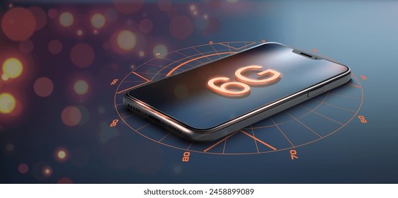 Futuristic 6G Network Concept on Smartphone Display Connectivity Graphics. Portrays an advanced 6G network concept on smartphone, highlighted by glowing connectivity graphics on a dynamic background.