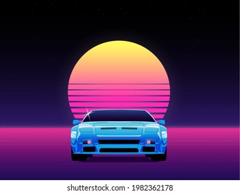 Futuristic 80s super car in blue chrome outrun. Retrowave striped backgound art template.