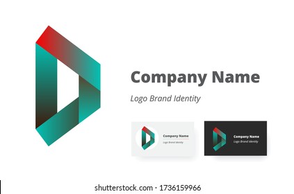 Futuristic 90's style fold effect letter D logo, monogram. Vector gradient trendy brand identity mark. Business card templates included.