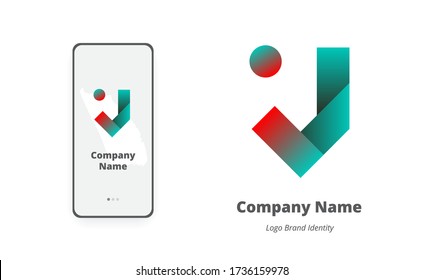 Futuristic 90's style fold effect letter J logo. Vector gradient trendy brand identity mark. Mobile app onboarding screen template included.