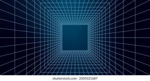 Futuristic abstract 3D portal design with a blue grid pattern. Tech-inspired wireframe tunnel with neon mesh elements and a geometric structure. Cyberpunk aesthetic with Y2K retro style.