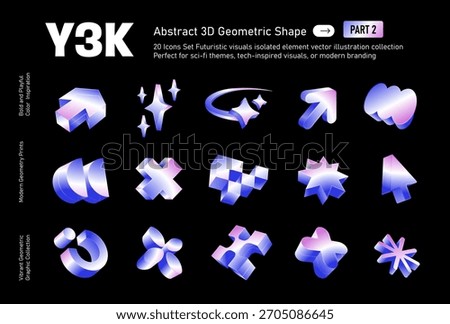Futuristic Abstract 3D Y3K Geometric Shape Icons Set, Visuals isolated element vector illustration collection Perfect for sci-fi themes, tech-inspired visuals, or modern branding