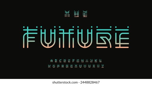 Futuristic abstract alphabet, techno hieroglyph aesthetic font, linear geometric letters for cyber digital branding, linear geometry typeset, creative contemporary typographic design. Vector typeset