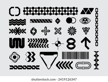 Futuristic abstract asset collection acid shape vector icon y2k Bundle HUD interface game technology separated editable